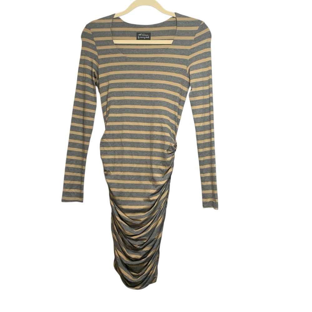 Torn by Ronny Kobo Women’s Small Gray & Tan Striped Ruched Long Sleeve Dress